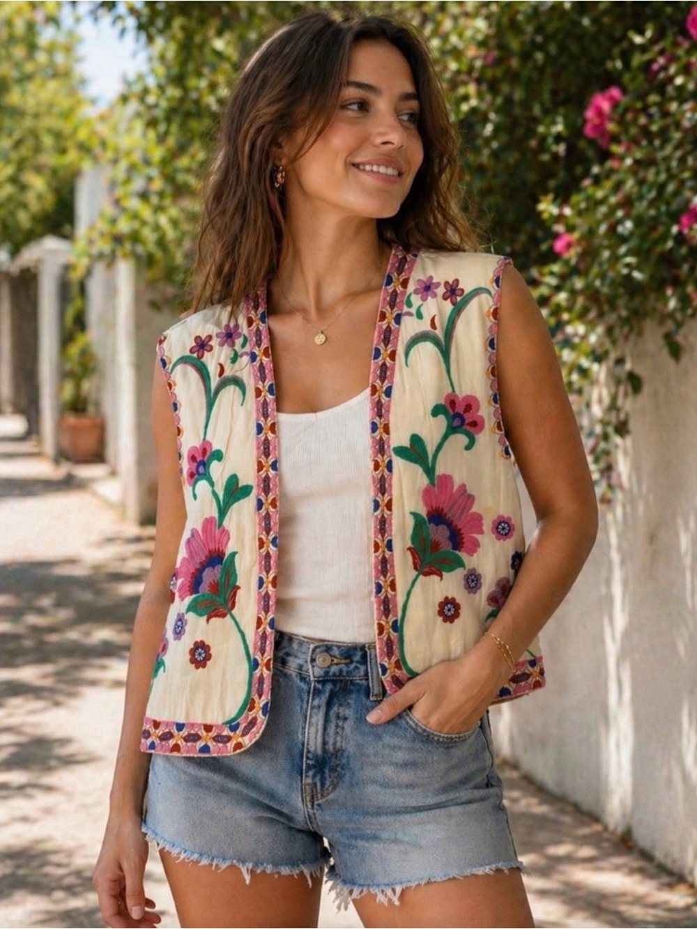 Zara Cream Top with Pink and Blue Embroidered Trim
